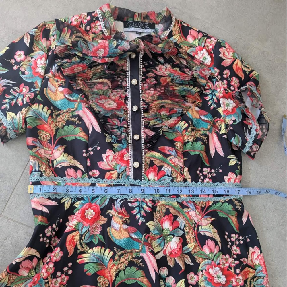 Dalia MacPhee Floral Dress XL Pleated Tie Neck Boho Romantic - Picture 10 of 13